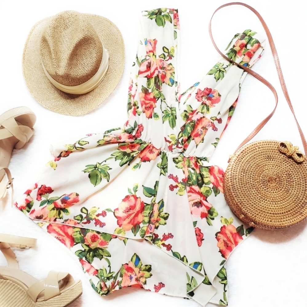 Style Rack Floral Sleeveless White Romantic Peplum Romper